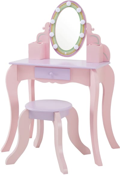 Teamson Kids Houten Kaptafel Kinderen - LED Lichten - Tafel en Stoel Set - Roze