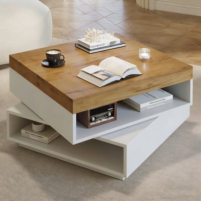 MODENUIT Salontafel - Hoogglans met LED en 2 Lades - Voor Woonkamer en Kleine Ruimtes - Wit - 70x70x35 cm