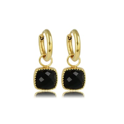 My Bendel - Stijlvolle Goudkleurige Oorring met Zwarte Glassteen 30 Mm - Elegante Goudkleurige Oorringen met Zwarte Vierkante Steen - met Luxe Cadeauverpakking | Sieraden Voor Dames