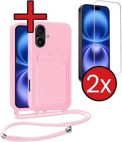 Hoesje Geschikt voor iPhone 16 Plus Hoesje Met Telefoonkoord en Pasjeshouder Met 2x Screenprotector Siliconen - Hoes Geschikt voor iPhone 16 Plus Hoesje Met Kaarthouder Case - Lichtroze