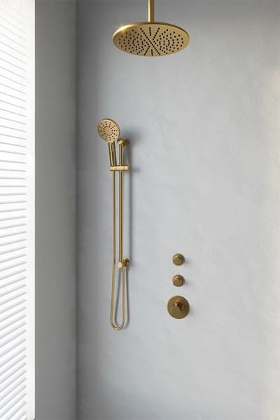 Brauer Gold Edition thermostatische inbouw regendouche SET 24 met 30 cm douchekop en plafondarm en 3-standen handdouche en doucheslang en geïntegreerde glijstang goud geborsteld PVD
