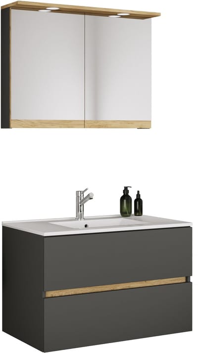VCM 3-tlg. Waschtisch Set mit Keramikbecken, Badschrank mit 2 Softclose-Schubladen, Spiegelschrank mit Beleuchtung und Steckdose, Maße Unterschrank H. 51 x B. 81 x T. 47 cm, Cosila-I