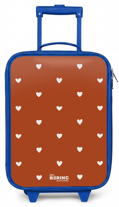NoBoringSuitcases.com® - Kinderkoffer blauw - Kindertrolley jongen - Wit hartjespatroon op oranje bruine achtergrond - Koffer kind lichtgewicht - Reiskoffer trolley voor kinderen - Koffertje met lichtgevende wieltjes - Rolkoffer