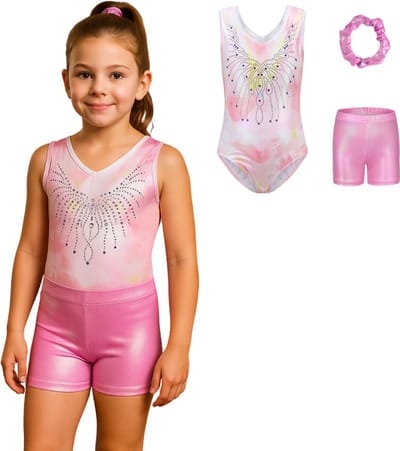 Joya Kids® Turnpakje Meisjes zonder Mouwen met Broekje en Scrunchie | Licht Roze met Wit met Glitters en Strass Steentjes Ballet pakje | Gymnastiekpakje Zomer zonder Mouw | Turnen | Turn Pakje set | Maat 110