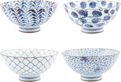 Cadeau set van 4 Japanse rijstkommen blauw wit met print 12,5 x 7 cm