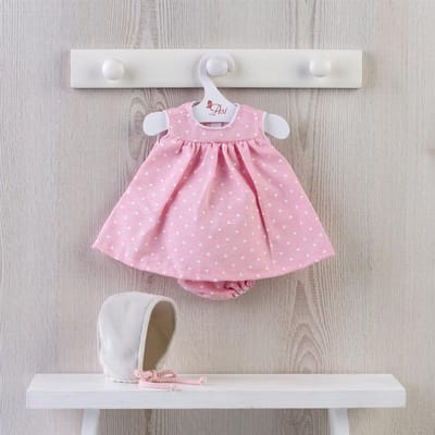 Asi poppenkleding jurk met stippen en muts - poppenaccessoire.
