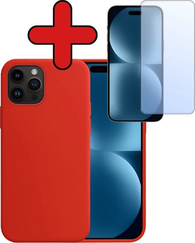 Hoesje - Met Screenprotector - Geschikt voor Apple iPhone 15 Pro - Sterk & Shockproof - Telefoon Hoes - Back Cover - Siliconen Case - Telefoonhoes - Rood