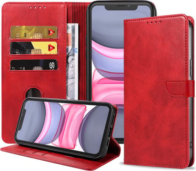 Geschikt voor iPhone 11 Telefoonhoesje Kunstleer met Magnetisch lipje en Pasjeshouder Book Case met Klepje - Rood - Smartphonica geschikt voor iPhone 11