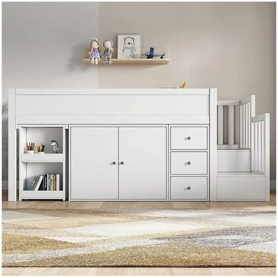 KOMHTOM Kinderstapelbed 90.200, met uitschuifbaar bureau, kledingkast, lades, trap, medium density vezelplaat, wit
