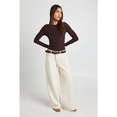 boohoo Dames Dubbele Laag Slinky Bodysuit met Lange Mouwen en Ronde Hals | Chocoladebruin | Maat: 34