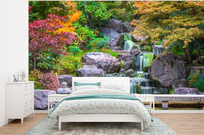 Behang - Fotobehang Stenen - Water - Bomen - Japans - Botanisch - Breedte 400 cm x hoogte 300 cm