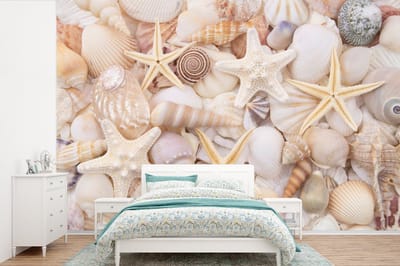 Behang - Fotobehang Zeesterren - Schelpen - Strand - Zomer - Breedte 330 cm x hoogte 220 cm