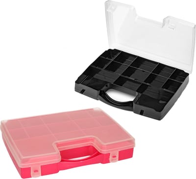 Forte Plastics - 4x opberg vakjesdoos/Sorteerboxen - 13-vaks kunststof - 27 x 20 x 3 cm - zwart en roze