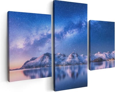 Artaza Canvas Schilderij Drieluik Melkweg Bij Besneeuwde Bergen - 90x60 - Foto Op Canvas - Canvas Print