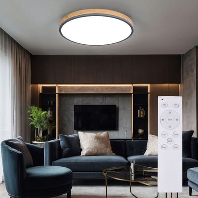 Plafondlamp met afstandsbediening LED plafondlamp dimbaar woonkamerlamp, CCT nachtlamp, aluminium hout look, 1x LED 40W 3500Lm, D 60 cm