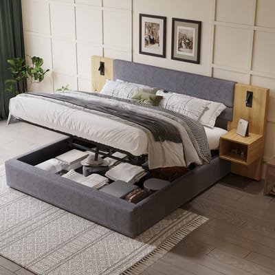 MODFU Opbergbed met 2 Nachtkastjes – 160x200 cm – Hydraulisch & USB – Fluweel – Grijs & Naturel