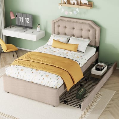 MODFU - Bedframe 90x200 cm – Donkerbeige linnen met verstelbaar hoofdbord & 2 lades