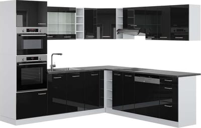 Vicco Hoekkeuken R-Line, Zwart hoogglans/Wit, 247 x 237 cm, WB Antraciet