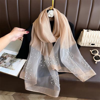 Elegante Organza Zijden Sjaal Met Kralen Effen Kleur 190*70Cm Lange Sjaals Borduurwerk Bloemen Parel Effen Sjaals Voor Vrouwen Hijab black