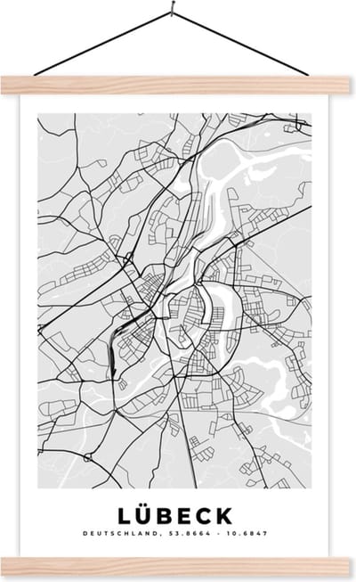 Posterhanger incl. Poster 40x60 cm - Schoolplaat - Stadskaart - Lübeck - Kaart - Duitsland - Plattegrond - Textielposter - Blanke latten - Stadskaart