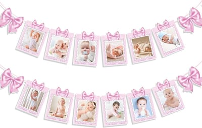 EGoods - Fotobanner voor 1e verjaardag, roze strikbanners, pasgeborenen versiering, jongens en meisjes, 1-12 maanden
