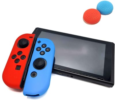 Gadgetpoint - Hoesjes & Skins + Thumb Grips voor Nintendo Switch 1 - Performance Gaming Case - Soft Grip Covers - Anti-Slip Joy-Con Controller Accessoires - Rood/Lichtblauw + Blauw/Rood Thumbs Ribbel