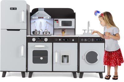 COSTWAY Kinderkeuken met accessoires, 3-in-1 houten kinderkeuken met koelkast, wasmachine en magnetron, incl. fornuis, gootsteen, oven, speelkeuken met licht en geluid voor vanaf 3 jaar (bruin)