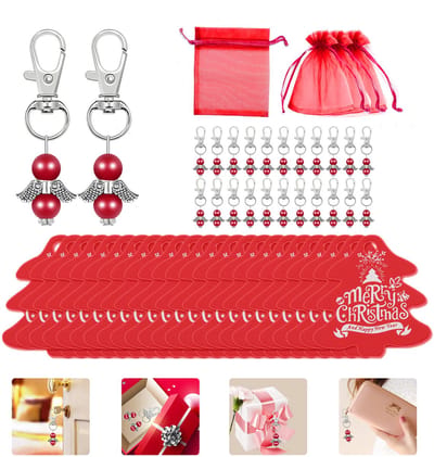 Beschermengel-hanger, kerstcadeau, 24 stuks, gastgeschenken met organza zakje, kerstboomkaart voor Kerstmis, kleine kerstcadeaus voor vrouwen, collega's, kinderen-rood