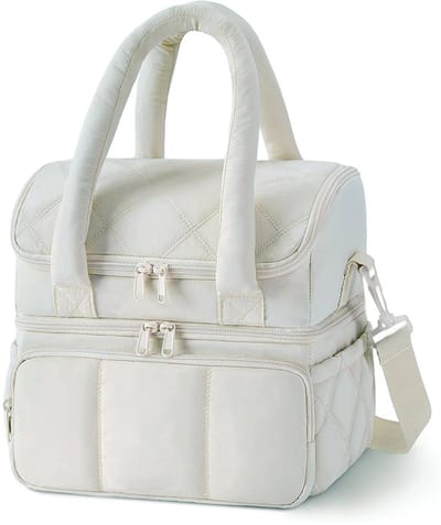 Lunchtas Dames Geïsoleerd – Dubbel Compartiment Lunch Bag – Lekvrije Lunchtas 11,8L – Gevoerde Lunch Koeltas – Schoudertas voor Werk, Picknick & Reizen – Beige