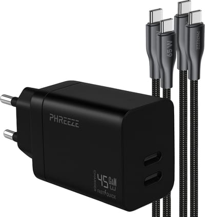 Snellader 45 W Power Delivery GaN oplader - Phreeze usb C Dual port charger met 2 usb C naar usb C kabels - Laptop oplader usb C