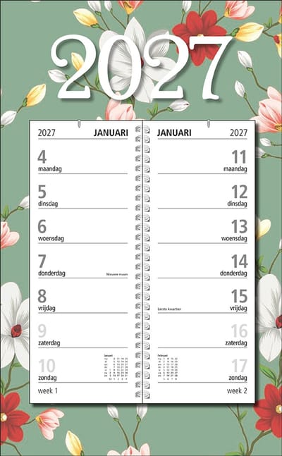 MGPcards - Omlegweekkalender 2027 - Week begint op maandag - 21 x 34 cm - Bloem - Groen