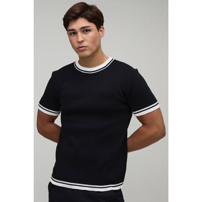 Muscle Fit Gebreid T-shirt Van Katoenmix Met Getipte Details | Black | Size XS