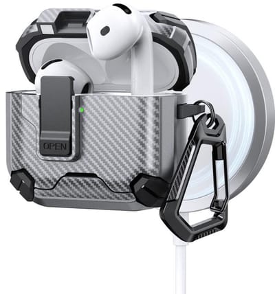 Telestore - AirPods 4 Carbon hard case cover - Carbon hybride grijs / zilver hoesje Beschermhoes - AirPods 4 Cover - hoesje geschikt voor Apple Airpods 4 - grijs - Carbon hard cover - met MagSafe functie