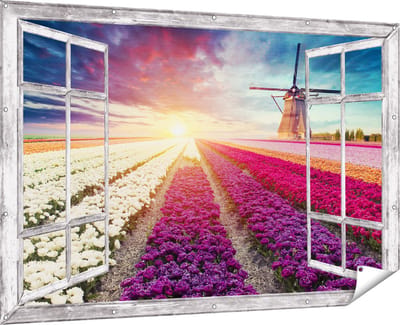 Gards Tuinposter Doorkijk Kleurrijke Tulpen Bloemenveld - Windmolen - 180x120 cm - Tuindoek - Tuindecoratie - Wanddecoratie buiten - Tuinschilderij