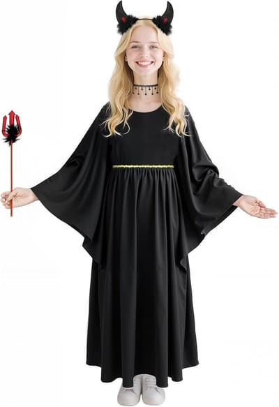 Zwart Duivel Kostuum voor Meisjes met Hoorns, Ketting en Toverstaf - Perfect voor Halloween en Cosplay