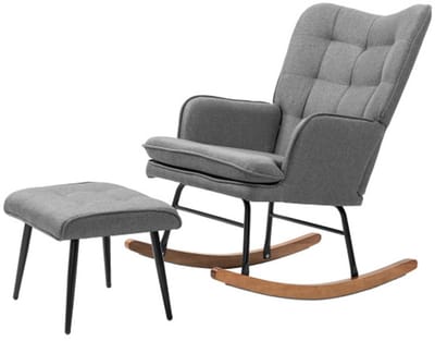 Schommelstoel met voetenbank, relaxstoel, armstoel, stoel, geschikt voor de woonkamer, slaapkamer, balkon, 64 x 89 x 90 cm (stoelmaat), 45 x 37 x 31 cm (voetbankmaat), grijs, hout