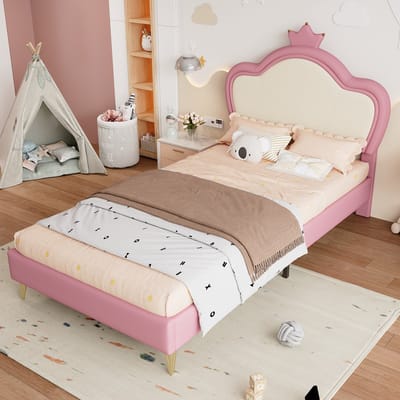 HAUSS SPOLE Gestoffeerd Bed 90x200 - Kinderbed Met Hoofdbord Met Kroon - Stabiele Constructie - PU - Roze