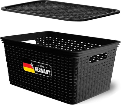 Novaliv opbergbox met deksel, grote mand 14L, zwart in rotan design, voedselveilige opbergmand, stapelbare box, nestbare kunststof, BPA-vrije box, stofbox met deksel