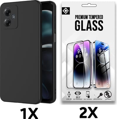 Casemania Hoesje & Glas Geschikt voor Motorola Moto G55 - Zwart - Siliconen Back Cover - 2x Glazen Screenprotector