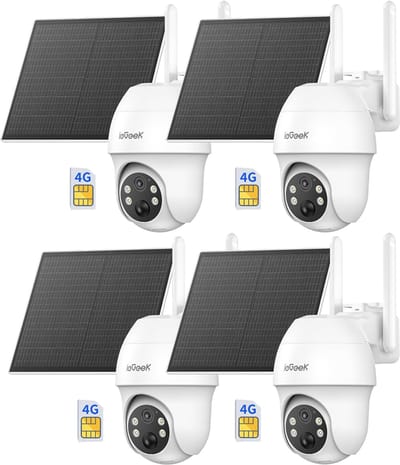 ieGeek Security Buitencamera S11 4G LTE – Outdoor Cam - 2K UHD – Pan & Tilt – Zonnepaneel – Infrarood Nachtzicht – Inclusief SIM-kaart ] - 4 stuks