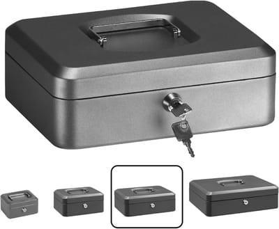 VH Supplies®Geldkistje met Sleutel - Kluisje - Spaarpot - 25 x 18 x 9 cm - Staal - Grijs