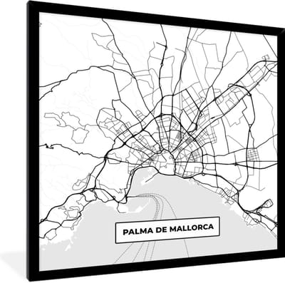 Fotolijst incl. Poster Zwart Wit- Kaart - Mallorca - Stadskaart - Zwart Wit - Plattegrond - 40x40 cm - Posterlijst