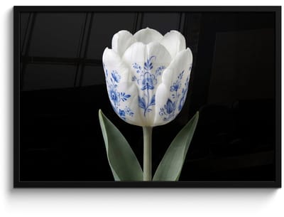 Poster in lijst - Fotolijst 90x60 cm - Posters - Tulp - Patroon - Blauw - Posterlijst zwart - Decoratie - Wanddecoratie woonkamer - Muurdecoratie slaapkamer