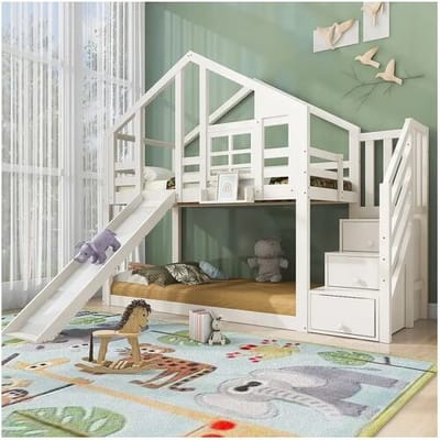 Merax Stapelbedden 2 x 90 x 200 cm met 3 lades, glijbaan en dak - Massief hout + MDF - 2 x lattenbodem - Wit (zonder matras)