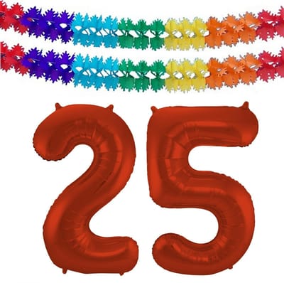 Folat Verjaardag Leeftijd folieballon - 25 jaar - rood - 86 cm - cijferballon groot - incl 2x feestslingers