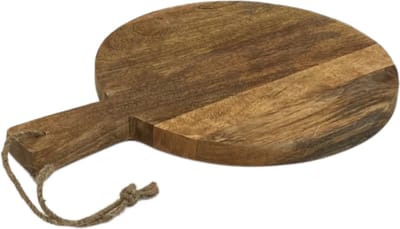 Houten Serveerplank Ø 34 cm – Ronde Borrelplank, Tapasplank en Kaasplank met Handvat – Eikenhouten Snijplank voor Hapjes, Brood en Pizza – Bruin