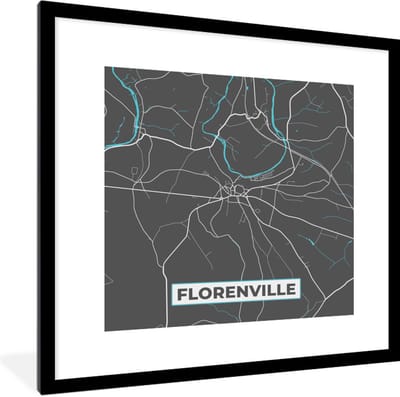 Fotolijst incl. Poster - Stadskaart – Grijs - Kaart – Florenville – België – Plattegrond - 40x40 cm - Posterlijst