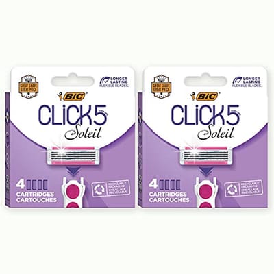 BIC Click 5 Soleil Razor Blades for Women with 5 Flexible Blades and Recyclable Box, 2 Boxes of 4 Catridges (Total 8)