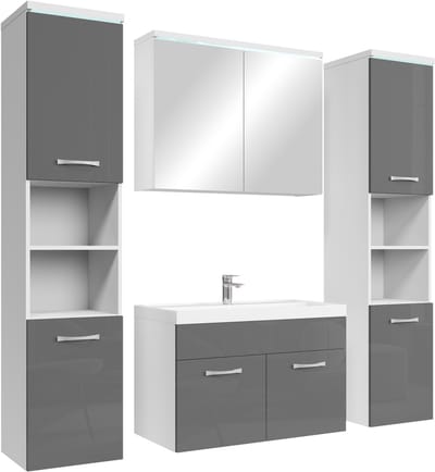 Badplaats Badkamermeubel Set Paso XL 80 x 40 cm – Grijs Hoogglans – Badmeubel met Spiegelkast en Zijkasten