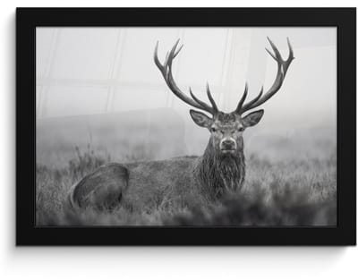 Poster in lijst - Fotolijst 30x20 cm - Posters - Hert - Mistig - Zwart - Wit - Posterlijst zwart - Decoratie - Wanddecoratie woonkamer - Muurdecoratie slaapkamer